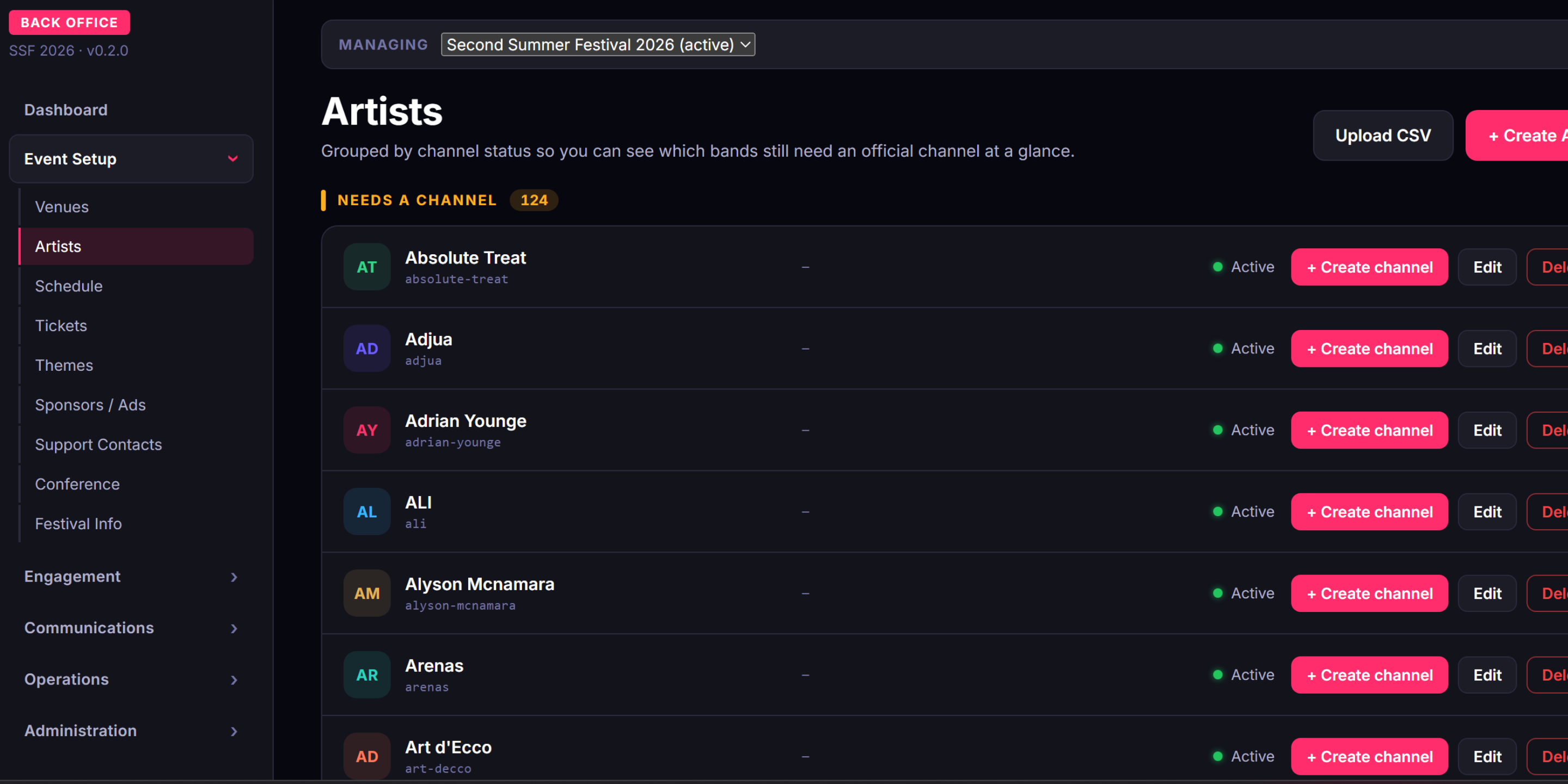 Artists roster: bands grouped by channel status, with per-artist create-channel and edit actions