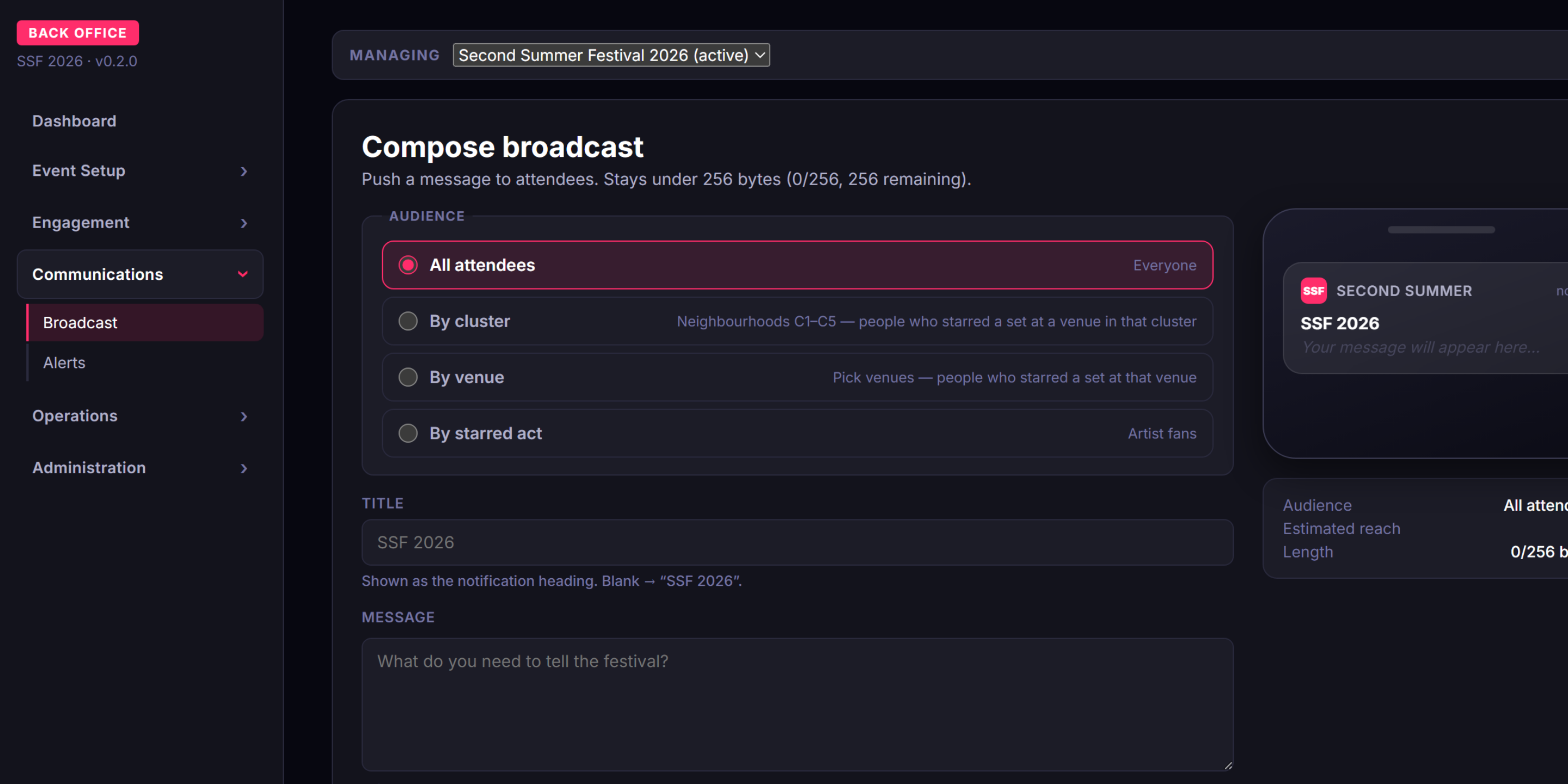 Compose broadcast: audience targeting by cluster, venue, or starred act, with a live phone preview of the push